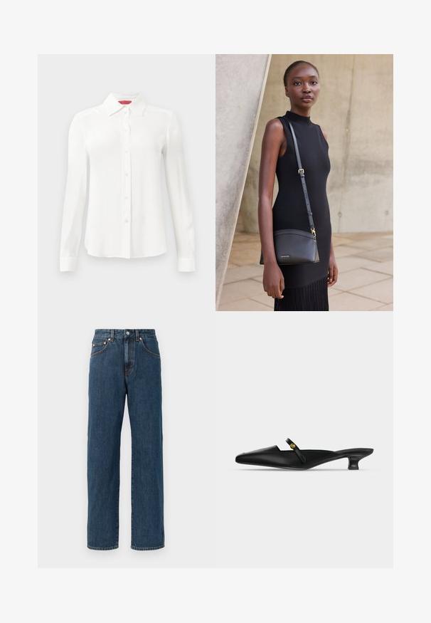 Chemise blanche à manches longues en tissu lisse, dotée d'un col classique, d'une fermeture à boutons sur le devant et de manches à poignets. Design minimaliste sans motifs.; Jeans en denim bleu foncé avec une coupe droite. Comprend cinq poches, des détails de couture subtils et une fermeture à bouton au niveau de la taille.; Mule noire à bout pointu avec petit talon kitten et fine bride sur le cou-de-pied ornée d’un petit bouton doré.; Jeune femme en robe noire sans manches portant un sac bandoulière en cuir noir, debout contre un mur en béton clair.