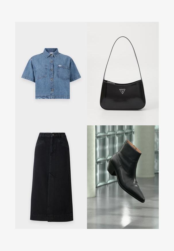 Camisa de mezclilla cortada en azul claro con mangas cortas, frente abotonado, dos bolsillos en el pecho y una pequeña etiqueta de la marca en el bolsillo izquierdo.; Falda midi de mezclilla negra con forma recta, cierre de botones en la parte delantera y bolsillos laterales con sutiles detalles de costura.; Botín de piel negra con puntera puntiaguda y tacón cuadrado que levita sobre un suelo gris reflectante cerca de una pared de bloques de cristal.; Bolso de hombro de charol negro con forma curva, que presenta un logotipo triangular plateado y un cierre de cremallera. Textura suave y correa delgada.