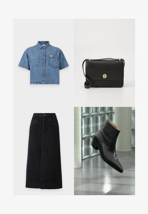 Camisa de mezclilla cortada en azul claro con mangas cortas, frente abotonado, dos bolsillos en el pecho y una pequeña etiqueta de la marca en el bolsillo izquierdo.; Falda midi de mezclilla negra con forma recta, cierre de botones en la parte delantera y bolsillos laterales con sutiles detalles de costura.; Botín de piel negra con puntera puntiaguda y tacón cuadrado que levita sobre un suelo gris reflectante cerca de una pared de bloques de cristal.; Bolso cruzado de cuero negro con una textura suave, que cuenta con un acento de logo dorado y una larga correa ajustable. Diseño rectangular compacto.