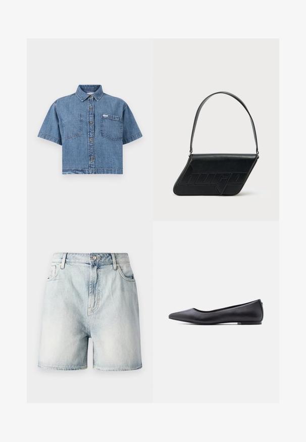 Helles, kurzes Denim-Hemd in Blau mit kurzen Ärmeln, durchgehender Knopfleiste, zwei Brusttaschen und einem kleinen Markenetikett auf der linken Tasche.; Hellblaue Jeansshorts mit einem Knopfverschluss, fünf Taschen und einer verwaschenen Textur. Gerader Schnitt mit klassischem Design.; Schwarzer flacher Lederschuh mit spitzer Kappe und niedrigem Absatz, seitlich vor weißem Hintergrund gezeigt.; Schwarze Leder-Umhängetasche mit dreieckiger Form, geprägt mit Logo und einem einzigen verstellbaren Riemen. Minimalistisches Design mit glatter Textur.