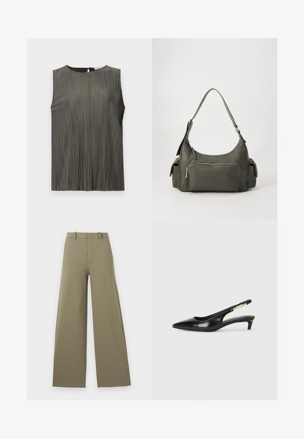 Top sans manches en vert olive foncé avec des plis verticaux, encolure ronde et détail de dos en forme de clé. Texture lisse et design fluide.; Pantalons larges en vert olive clair avec une texture lisse, dotés d'une fermeture éclair sur le devant, de passants de ceinture et de deux poches latérales.; Talons hauts en cuir noir avec un bout pointu, dotés d'un talon fin et d'un accent en ton or sur la lanière réglable. Texture lisse.; Sac à épaule en cuir vert avec un design arrondi, poche zippée à l'avant et poches supplémentaires sur les côtés. Texture lisse et matériel minimal.