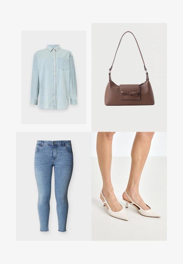 Φαρδιά μπλε τζιν πουκάμισο με μακριά μανίκια, κουμπιά, γιακά και τσέπη στο στήθος, απεικονίζεται σε απλό λευκό φόντο.; Φωτεινά γαλάζια στενά τζιν με κουμπί στο μπροστινό μέρος, πέντε τσέπες και ξεφτισμένα τελειώματα στους αστραγάλους, παρουσιασμένα σε λευκό φόντο.; Μπεζ παπούτσια με λουστρίνι, τύπου slingback, με μυτερή μύτη και τακούνι 5 εκ., που διαθέτουν κομμένες πλευρές και λεπτό λουράκι στον αστράγαλο.; Καφέ δερμάτινη τσάντα ώμου με μπροστινή τσέπη με καπάκι, διακοσμημένη με ραμμένη λεπτομέρεια φιόγκου και ρυθμιζόμενο λουρί.