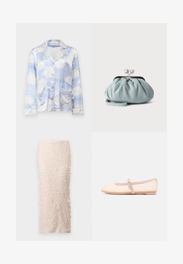 Chemise de pyjama en soie bleu clair avec des motifs de nuages, dotée d'un col en V, de cinq boutons et de deux poches avant avec un passepoil rose pâle.; Jupe crayon crème en dentelle avec des appliqués floraux. Le design est ajusté, présentant une texture lisse et des embellissements détaillés.; Chaussure plate beige clair avec un bout pointu et une bride latérale avec boucle, présentée sur un fond blanc uni.; Petit porte-monnaie en cuir bleu clair avec fermoir métallique argenté de type kiss-lock et court bracelet de poignet sur fond uni.