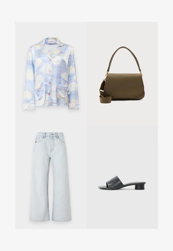 Camisa de pijama de seda en azul claro con patrones de nubes, que presenta un cuello con muesca, cinco botones y dos bolsillos frontales con un ribete en rosa pálido.; Vaqueros de mezclilla azul claro con un diseño de pierna ancha. Presentan un estilo de cinco bolsillos, pasadores para cinturón y un cierre de botón.; MM6 Maison Margiela Mules de tacón - black; Bolso de cuero verde oliva para el hombro con herrajes dorados, solapa curva, asa superior única y correa de tela ajustable.