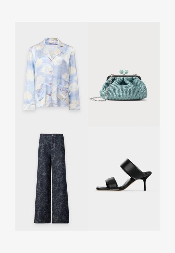 Himmelblaue Seiden-Pyjama-Bluse mit Wolkenmustern, ausgestattet mit einem schmalen Kragen, fünf Knöpfen und zwei vorderen Taschen mit hellrosa Besatz.; Dunkelblaue Denim-Hosen mit weitem Bein, die ein gesticktes Blumenmuster in Hellblau zeigen. Klassisches Fünf-Taschen-Design mit einer Frontknopfverschluss.; Schwarze Leder-Mule-Sandale mit zwei breiten Riemen und einem schlanken, mittelhohen Stilettoabsatz auf einem schlichten hellen Hintergrund.; Kleine hellblaue gewebte Clutch mit silberner Kette und rundem Verschluss oben.