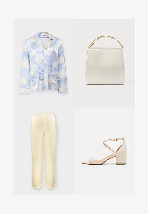 Camisa de pijama de seda en azul claro con patrones de nubes, que presenta un cuello con muesca, cinco botones y dos bolsillos frontales con un ribete en rosa pálido.; Pantalones de satén color crema de pierna recta con un acabado suave, sin bolsillos visibles, mostrados de frente sobre un fondo liso.; Sandalias de tacón bloque en color beige que presentan un diseño minimalista, punta abierta y una correa ajustable en el tobillo con detalle de hebilla dorada. Textura suave.; Bolso estructurado con acabado de satén, color crema, con una correa de cadena para el hombro. Presenta una textura plana y lisa, con costuras limpias.