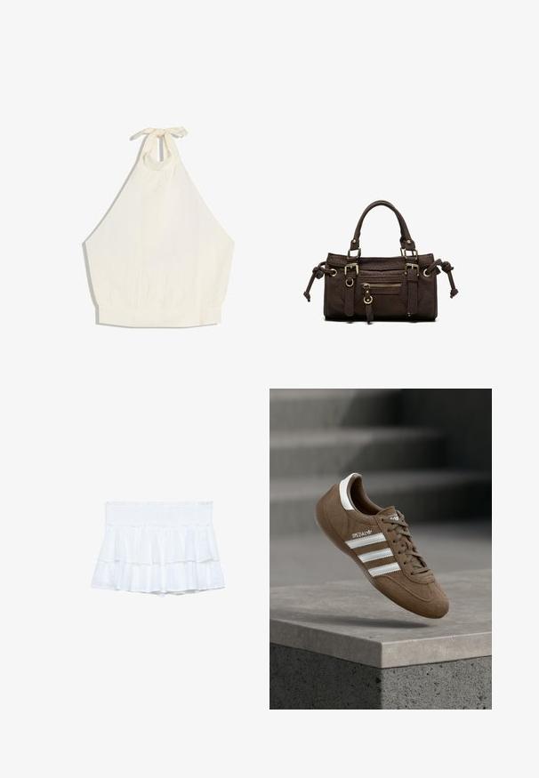 Hvid ærmeløs haltertop med bindebånd i nakken og elastik i taljen, lavet af let stof.; Hvide rynkede shorts med en smocket talje, der har lag af stof og subtile teksturdetaljer. Let og afslappet design.; Brun ruskind Adidas Spezial sneaker med hvide striber og snørebånd, svævende over en grå betonkantring mod en sløret baggrund af trapper.; Mørkebrun læderhåndtaske med dobbelte håndtag, forreste lynlåslomme, dekorative spænder og sideknuder på hvid baggrund.