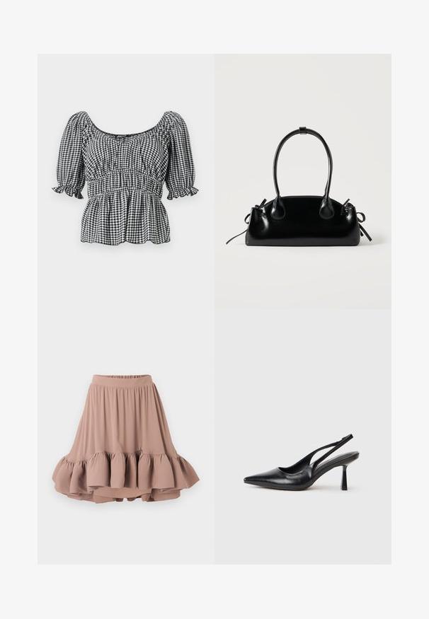 Sort-hvid ternet bluse med korte puffærmer, firkantet udskæring og sammenslynget talje, med en peplum-design og flæser.; Lys brun knælang nederdel lavet af blødt stof, med en bred talje og en flagrende, lagdelt volangkant. Glat tekstur hele vejen igennem.; Sort læderslagback højhælet sko med spids tå og slank hæl på en hvid baggrund.; Lille sort blank håndtaske med to lange håndtag og snøre-detaljer i siden på en ensfarvet lys baggrund.