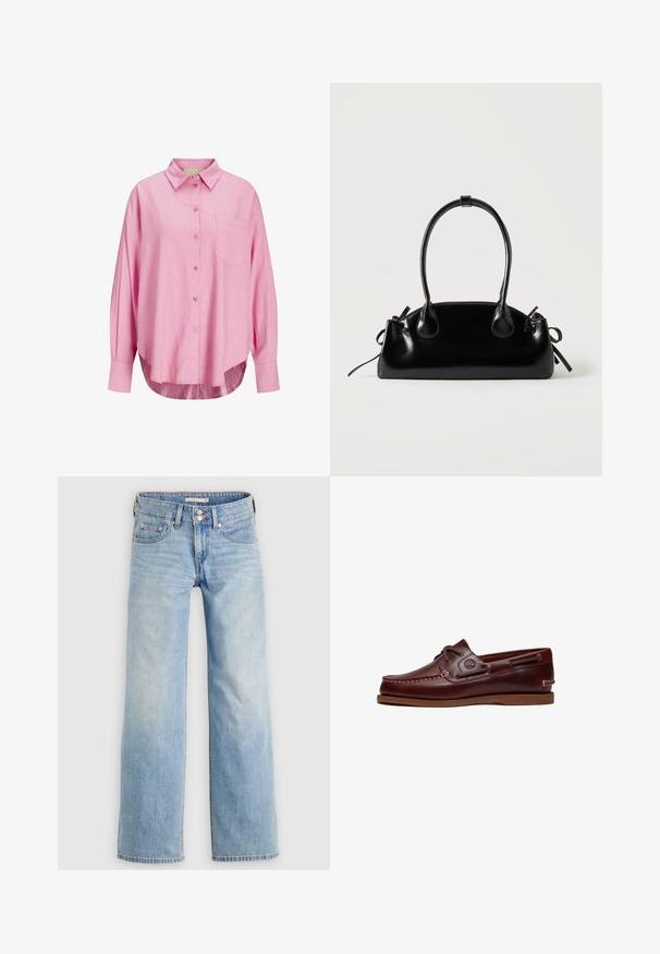 Lyserød button-up skjorte med krave, lange ærmer, enkelt brystlomme og en let afrundet kant. Stoffet ser blødt ud.; Lyseblå vidde jeans i denim med knaplukning, baglommer og en let falmet vask for et afslappet look.; Brun læder bådsko med snørre, syningsdetaljer og Timberland-logo på siden, vist på en hvid baggrund.; Lille sort blank håndtaske med to lange håndtag og snøre-detaljer i siden på en ensfarvet lys baggrund.