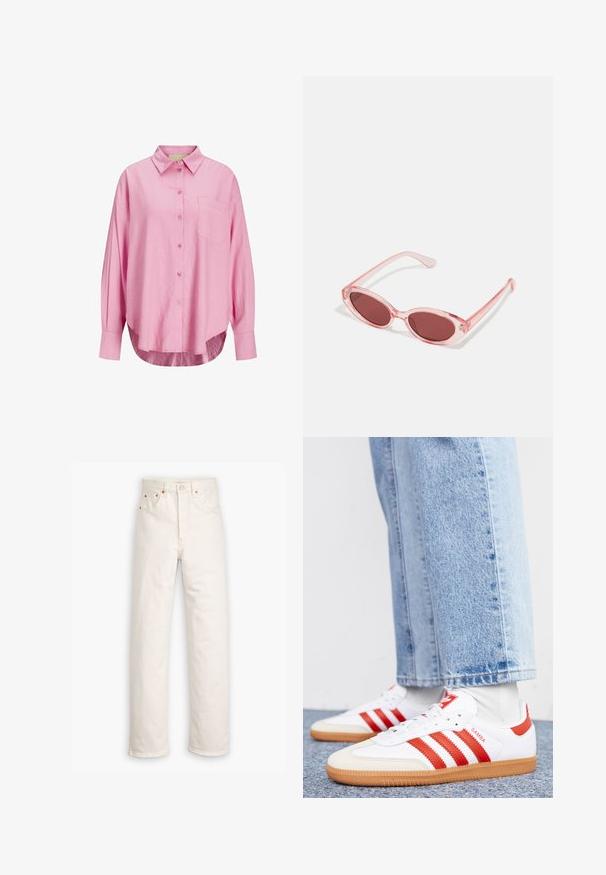 Hellrosa Hemd mit Knopfverschluss, mit Kragen, langen Ärmeln, einer einzelnen Brusttasche und einem leicht gebogenen Saum. Der Stoff scheint weich zu sein.; Weiße Denim-Jeans mit geradem Bein, im Fünf-Taschen-Stil und mit kupferfarbenen Hardware-Details. Rohschnitt an den Knöcheln.; Weiße Leder Sneaker mit roten Streifen und Akzenten. Verfügt über eine strukturierte Gummi-Laufsohle und einen gepolsterten Schaft. Tragen mit hellblauer Jeans.; Pink transparente Sonnenbrille mit ovalen Gläsern, dunkler roter Tönung und schlanken Bügeln, ausgestattet mit einer glatten Oberfläche und dezenten Details am Rahmen.