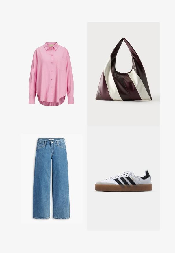 Camisa de botones rosa claro con cuello, mangas largas, un bolsillo en el pecho y un dobladillo ligeramente curvado. La tela parece suave.; Jeans de mezclilla de tiro alto en un suave tono azul claro, con pernera ancha, cinco bolsillos y una clásica cremallera de botones. Corte recto desde el muslo hasta el dobladillo.; Zapatillas de cuero blancas con rayas negras, suela de goma, puntera redonda, cierre de cordones y caperuza de ante gris suave.; Bolso grande de cuero triangular con amplias rayas diagonales en colores marrón oscuro, burdeos y crema sobre un fondo liso.
