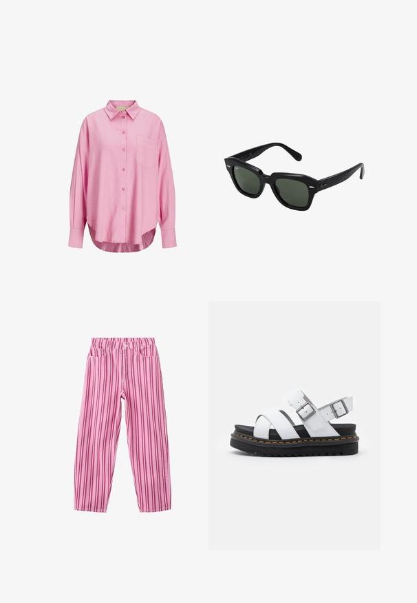 Lyserød button-up skjorte med krave, lange ærmer, enkelt brystlomme og en let afrundet kant. Stoffet ser blødt ud.; Lyserøde og hvide bukser med lodrette striber, forlommer, bæltestropper og lukning med knap i taljen.; Hvide lædersandaler med justerbare spænder, lagdelt sort platformssål og orange syning langs kanten.; Sorte firkantede solbriller med mørkegrønne linser, der har kraftige stel og sølvdetaljer på siderne. Fremstillet i Italien.