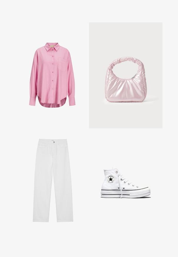 Lyserød button-up skjorte med krave, lange ærmer, enkelt brystlomme og en let afrundet kant. Stoffet ser blødt ud.; Hvide denimbukser med løs pasform, med knaplukning foran, for- og baglommer samt et lige ben-design. Flad tekstur uden mønstre.; Hvid højtop Converse Chuck Taylor All Star-sneaker med sort logo-patch og hvide snørebånd, vist på hvid baggrund.; Rosa, polstret håndtaske med afrundet design, lavet af skinnende materiale. Har et samlet håndtag og en lynlås til sikker adgang.