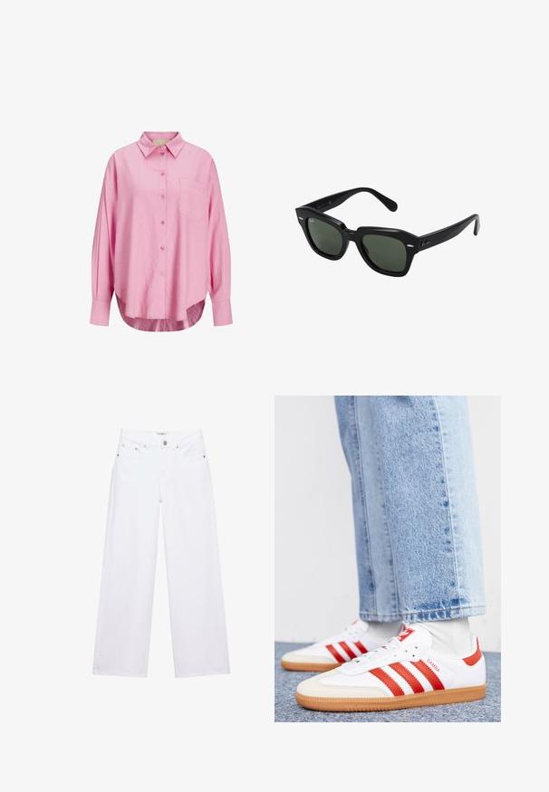 Lichtroze overhemd met knopen, een kraag, lange mouwen, een enkel borstzakje en een licht gebogen zoom. De stof lijkt zacht te zijn.; Witte jeans met hoge taille en wijde pijpen, voorzien van knoop- en ritssluiting, voor- en achterzakken, en zilverkleurige klinknageldetails.; Witte leren sneakers met rode strepen en accenten. Voorzien van een getextureerde gumrubberen outsole en een gevoerde kraag. Draag ze met lichtblauwe denim.; Zwarte vierkante zonnebril met donker groene lenzen, uitgerust met gedurfde monturen en zilveren accenten aan de zijkanten. Gemaakt in Italië.