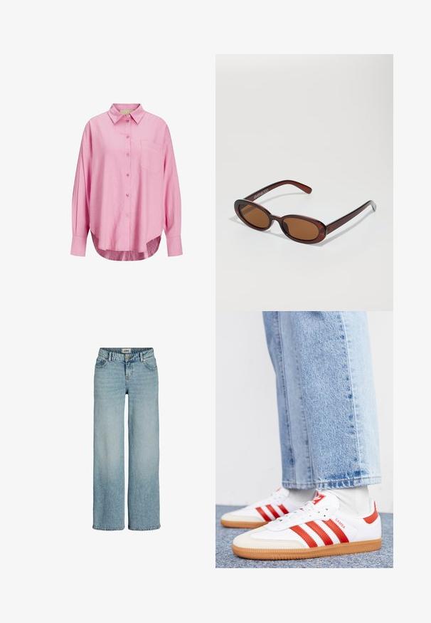 Lyserød button-up skjorte med krave, lange ærmer, enkelt brystlomme og en let afrundet kant. Stoffet ser blødt ud.; Lyseblå straight-leg denimjeans med frontlommer, bæltestropper og knaplukning, vist mod en hvid baggrund.; Hvide lædersneakers med røde striber og accenter. Har en tekstureret gummisål og polstret krave. Bæres med lyseblå denim.; Runde, bruntonede solbriller med en glansfuld bordeauxramme. Slanke arme med diskret brandingdetalje. Flad linsedesign.