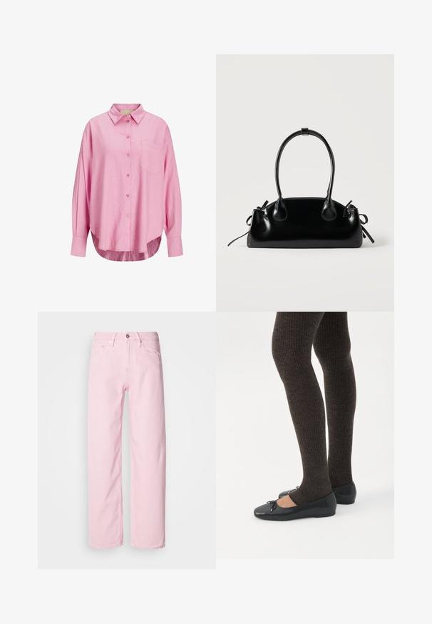 Lyserød button-up skjorte med krave, lange ærmer, enkelt brystlomme og en let afrundet kant. Stoffet ser blødt ud.; Lyserøde denimjeans med lige ben, forsynet med lynlås og knap foran samt fem-lomme-design. Blød tekstur og stærke sømme.; Ben iført mørke ribbede leggings kombineret med sorte balletsko med små sløjfedetaljer på hvid baggrund.; Lille sort blank håndtaske med to lange håndtag og snøre-detaljer i siden på en ensfarvet lys baggrund.