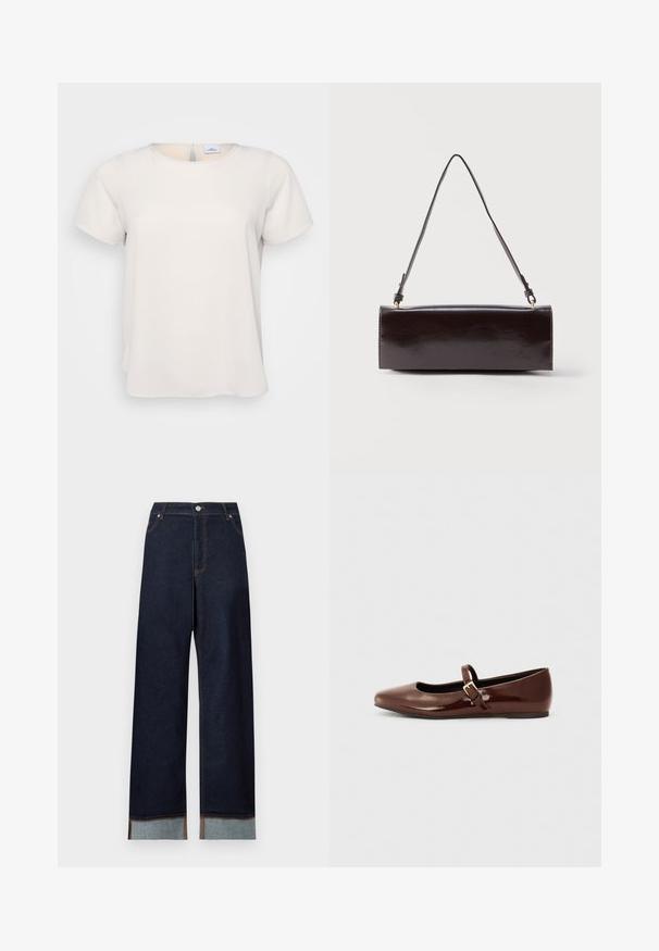 Kortærmet, rundhalset top i lys beige stof med en glat tekstur; har en nøglehulsdetalje på ryggen og en afslappet pasform.; Mørkeblå jeans med høj talje og vide ben med kontrasterende foldede manchetter og synlig orange syning på en ensfarvet hvid baggrund.; Brun patentlæder balletflade med firkantet tå og strop med en lille guldbuckle. Glat tekstur, lav hæl og minimalistisk design.; Rektangulær sort læderhåndtaske med en enkelt lang rem og blank finish, vist mod en ensfarvet hvid baggrund.