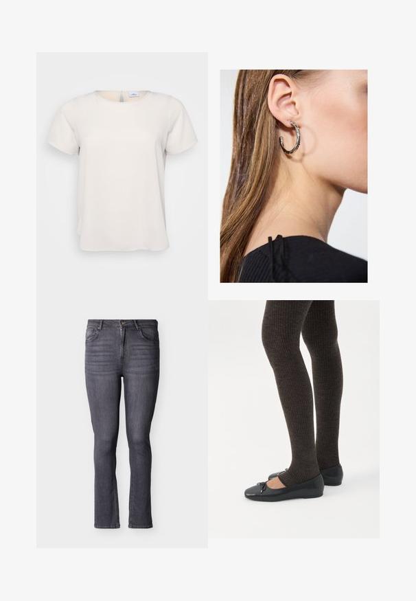Camiseta de manga corta y cuello redondo en tejido beige claro con una textura suave; presenta un detalle de abertura en la parte posterior y un corte relajado.; Vaqueros gris de denim ajustados, con cinco bolsillos, cierre frontal con botón y cremallera, que presentan detalles sutiles de desteñido y costuras.; Piernas con leggings oscuros acanalados combinados con bailarinas negras que presentan pequeños detalles de lazo sobre un fondo blanco.; Pendiente de aro de plata con un acabado pulido, que presenta pequeños detalles en dorado y una forma redonda, llevado en el lóbulo.