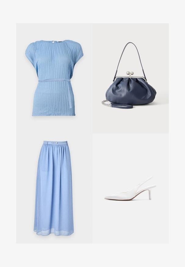 Blusa de color azul claro con un diseño texturizado y plisado, con mangas cortas; presenta un cinturón de tela a juego alrededor de la cintura para acentuar.; Falda maxi azul claro hecha de tela transparente con una cintura fruncida, que presenta detalles de botones plateados y un sutil patrón de pequeños puntos blancos.; Zapato femenino de cuero blanco con tira trasera, punta puntiaguda, tacón bajo tipo kitten y un pequeño lazo decorativo en la parte superior, mostrado en perfil lateral.; Bolso de mano de cuero azul marino suave con cierre de broche plateado, una correa de hombro y correa de cadena desmontable para la muñeca sobre fondo blanco.