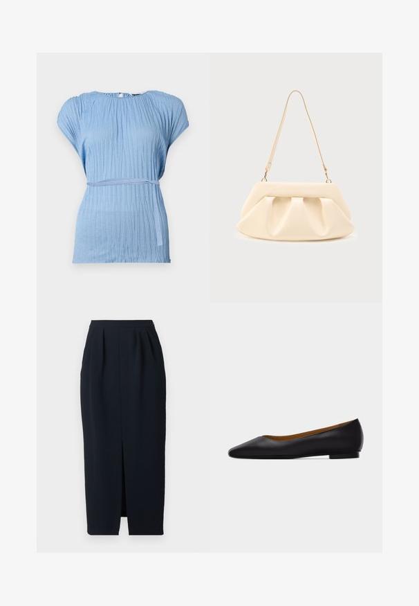 Lichtblauwe blouse met een gestructureerd, geplooid ontwerp en korte mouwen; heeft een bijpassende stoffen ceintuur rond de taille voor accentuering.; Zwarte hoge taille midi-jurk met frontplooien en middenopening, nauwsluitende pasvorm en zijzakken op een effen achtergrond.; Zwarte leren puntschoen met lage hak en gladde afwerking, zijaanzicht op een lichtgrijze achtergrond.; Handtas van crème-kleurig leer met geplooide plooien, gouden hardware en een enkele dunne schouderband op een effen achtergrond.