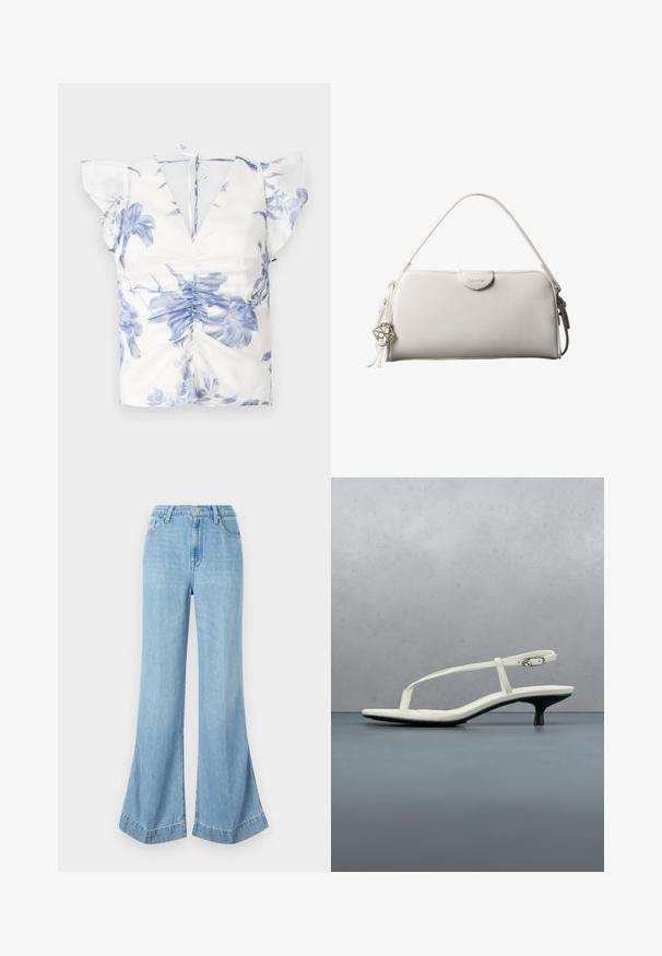 Blouse florale avec imprimé bleu et blanc, manches courtes volantes, décolleté en V profond, et détail froncé à l'avant avec fermeture à nouer au dos.; Jeans en denim bleu clair à jambe large, taille haute avec une fermeture à boutons, présentant une finition soignée et un ourlet évasé avec des fentes sur les côtés.; Sandale blanche à talon kitten avec des lanières et un bout pointu, flottant au-dessus d'un sol en carrelage en bois en plein air avec un arrière-plan flou de plante et de mur.; Sac à main rectangulaire blanc Calvin Klein avec une seule poignée, design minimaliste et pampilles décoratives avec un charm métallique géométrique sur le côté.
