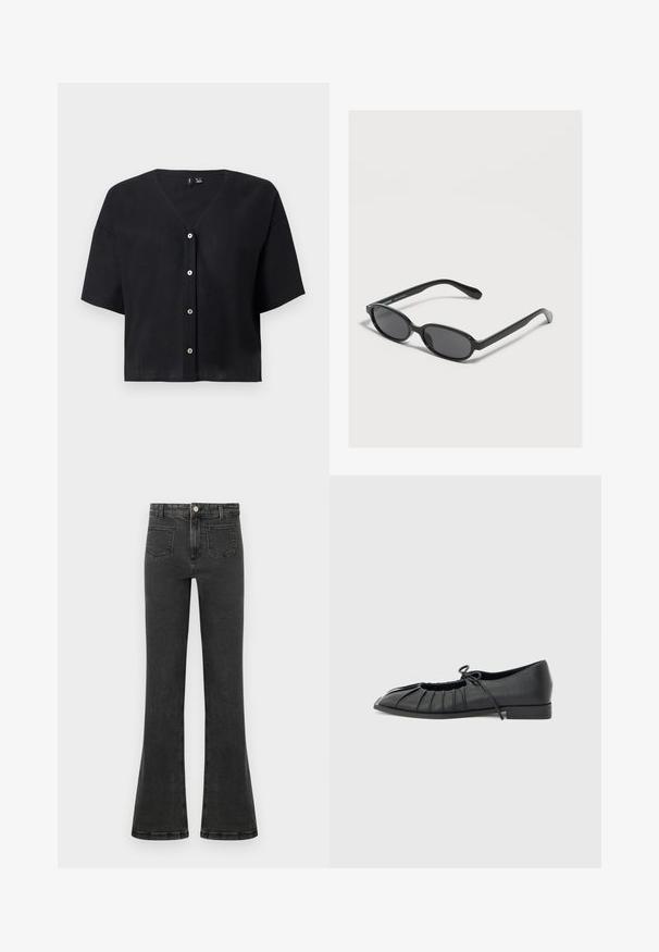 Cardigan court noir à manches courtes avec col en V et quatre boutons blancs sur le devant.; Jean en denim noir taille haute avec une légère évasement, bouton et fermeture éclair à l'avant, et poches plaquées à l'avant.; Chaussure plate noire avec design plissé à l'avant et un nœud noué sur le dessus, petit talon, et texture lisse sur un fond gris clair.; Lunettes de soleil ovales noires avec des verres foncés et des montures fines posées sur une surface claire.