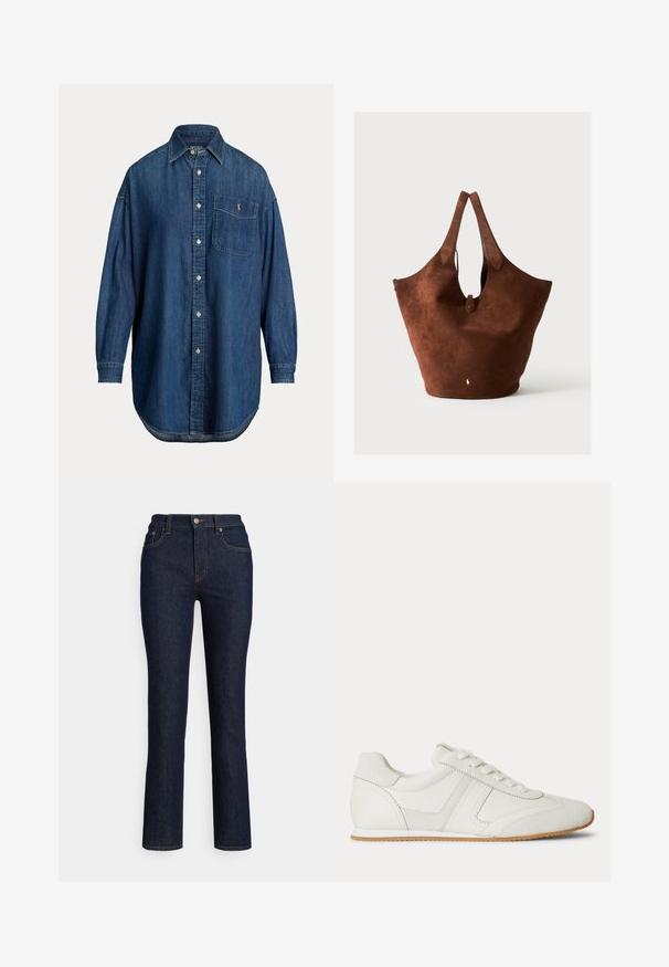 Langærmet blå denim knap-op skjorte med brystlomme med lille broderet logo og klassisk krave.; Mørkeblå denimjeans med lige ben, høj talje, diskrete syningsdetaljer og en klassisk fem-lomme-stil.; Hvid lavtop sneaker med snørelukning foran, ruskind- og læderpaneler og en lysebrun gummisål på en hvid baggrund.; Stor brun ruskindstaske med to håndtag, en lille rem med knaplukning og en hvid broderet logo tæt på nederste midte.