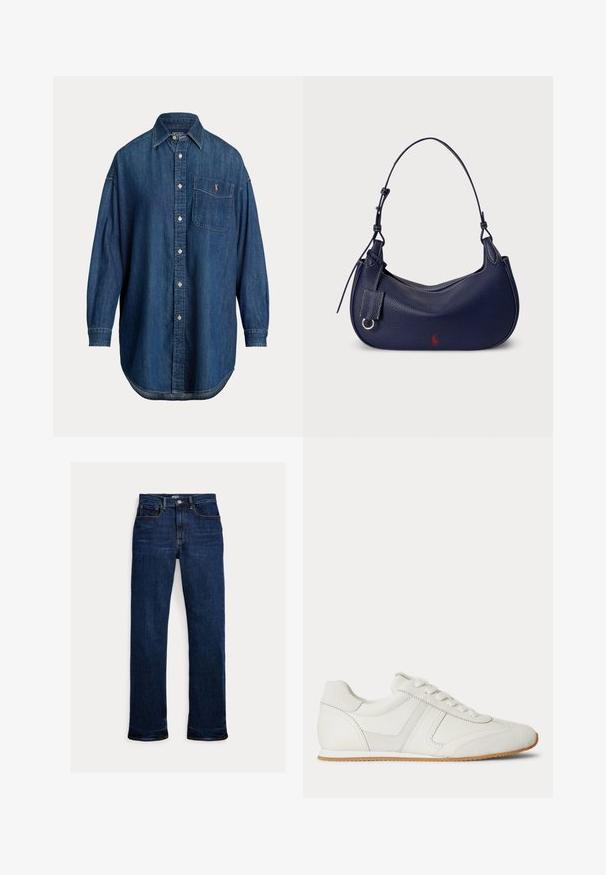 Langærmet blå denim knap-op skjorte med brystlomme med lille broderet logo og klassisk krave.; Mørkeblå straight-leg jeans med frontknap og lynlås, fem-lomme design og synlige syninger.; Hvid lavtop sneaker med snørelukning foran, ruskind- og læderpaneler og en lysebrun gummisål på en hvid baggrund.; Marineblå læderhobo-taske med en buet form, tekstureret finish, justerbar skulderrem og en lille rød logodetalje på den ene side.