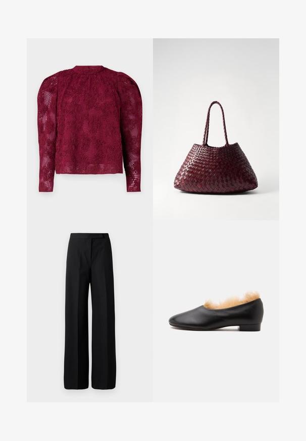 Burgunderfarbenes Langarmshirt mit filigranem Blumenspitzenmuster, hohem Kragen und puffigen Schultern. Durchscheinender Stoff mit dezentem Muster.; Schwarze weit geschnittene Hosen aus glattem, mattem Material. Flacher Bund ohne sichtbare Hardware oder Muster. Einfaches und elegantes Design.; Schwarzer flacher Lederschuh mit niedrigem Absatz und hellbraunem Pelzfutter sichtbar rund um die Öffnung, seitlich auf weißem Hintergrund gezeigt.; DRAGON DIFFUSION SANTA CROCE BIG - Handtasche - bordo