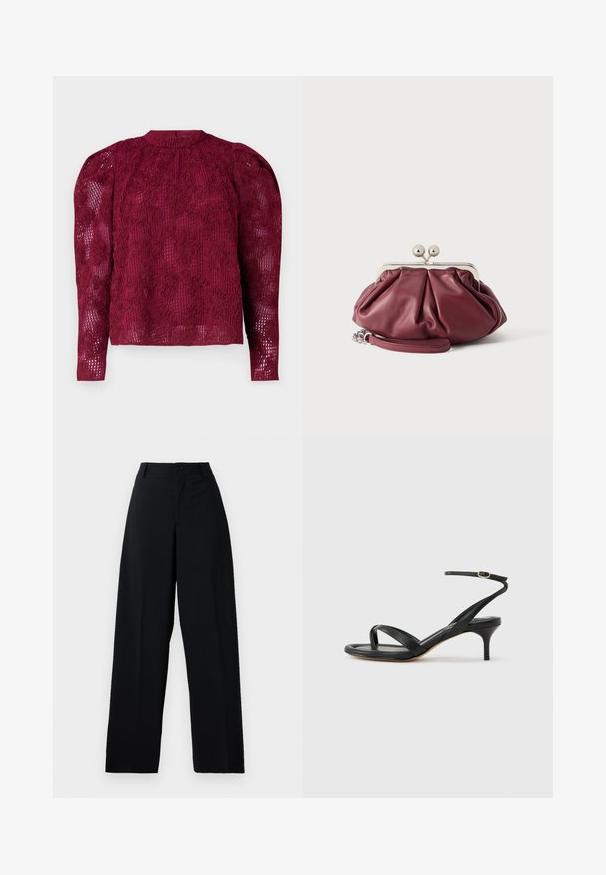 Burgunderfarbenes Langarmshirt mit filigranem Blumenspitzenmuster, hohem Kragen und puffigen Schultern. Durchscheinender Stoff mit dezentem Muster.; Schwarze hochtaillierte weite Hose mit Knopf- und Reißverschluss, Gürtelschlaufen und einem klaren, glatten Stofffinish.; Schwarze Ledersandale für Damen mit dünnen Riemchen, einer Zehenlasche, einer Knöchelschnalle und einem mittelhohen Stöckelabsatz vor neutralem Hintergrund.; Kleine bordeauxrote Leder-Clutch mit silbernem Metallverschluss und Handgelenksriemen auf weißem Hintergrund.