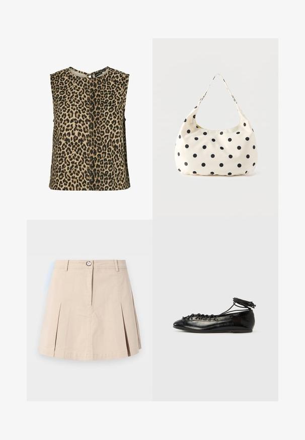 Mouwloze top van beige stof met zwart luipaardprint. Heeft een ronde halslijn en een sleutelgat-sluiting aan de achterkant. Eenvoudig ontwerp.; Beige korte rok met voorplooien, knoop, ritssluiting en riemlussen, getoond tegen een eenvoudige lichte achtergrond.; Zwarte ballerina's van lakleer met een afgeronde neus, veterdesign en een platte zool. Glad oppervlak met minimale details.; Crèmekleurige stoffen handtas met zwarte polkadots en een enkele schouderriem, getoond tegen een effen witte achtergrond.