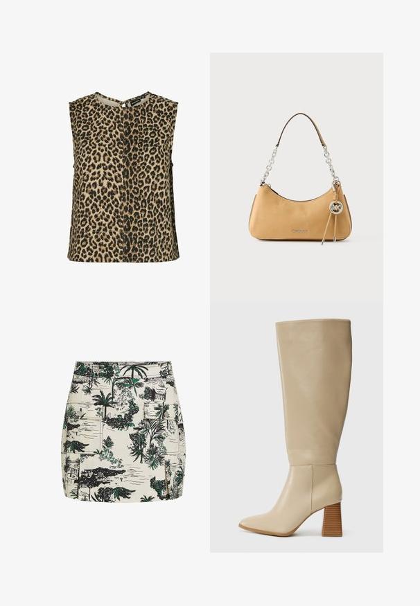 Top sin mangas de tela beige con estampado de leopardo negro. Presenta un escote redondo y un cierre en forma de llave en la parte posterior. Diseño sencillo.; Falda blanca con un detallado estampado tropical en negro y verde, que incluye palmeras y paisajes panorámicos. Cuenta con dos bolsillos delanteros.; Bota de cuero beige hasta la rodilla con punta afilada, tacón de bloque texturizado y superficie lisa. Detalle de costura en el tobillo y en el puño superior.; Bolso Michael Kors de cuero color marrón claro con asa de cadena plateada, colgante con el logo y la inscripción "MICHAEL KORS" en el frente.