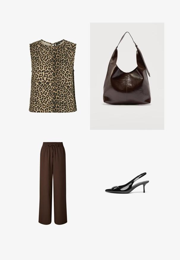 Top sin mangas de tela beige con estampado de leopardo negro. Presenta un escote redondo y un cierre en forma de llave en la parte posterior. Diseño sencillo.; Pantalones marrones de pierna ancha con cintura elástica y cierre con cordón, mostrados sobre un fondo blanco.; Tacones slingback de charol negro con punta afilada y acabado brillante. Presentan un tacón delgado y un acento redondeado en el empeine.; Bolso de hombro de cuero marrón oscuro brillante con una sola correa ancha y detalle de hebilla en un lado, colocado sobre un fondo claro y sencillo.