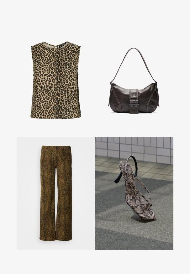 Haut sans manches en tissu beige avec un imprimé léopard noir. Dispose d'un col rond et d'une fermeture en trou de serrure à l'arrière. Design simple.; Pantalons marron à jambes larges avec un motif imprimé serpent texturé en noir. Comprend une fermeture à bouton et un design traditionnel à cinq poches.; Sandale à talons hauts avec motif peau de serpent et fines lanières, posée sur l'asphalte près d'un trottoir carrelé en arrière-plan.; Sac à épaule en cuir marron avec une forme courbée, présentant un détail de boucle proéminent, des coutures contrastantes et une seule bandoulière.