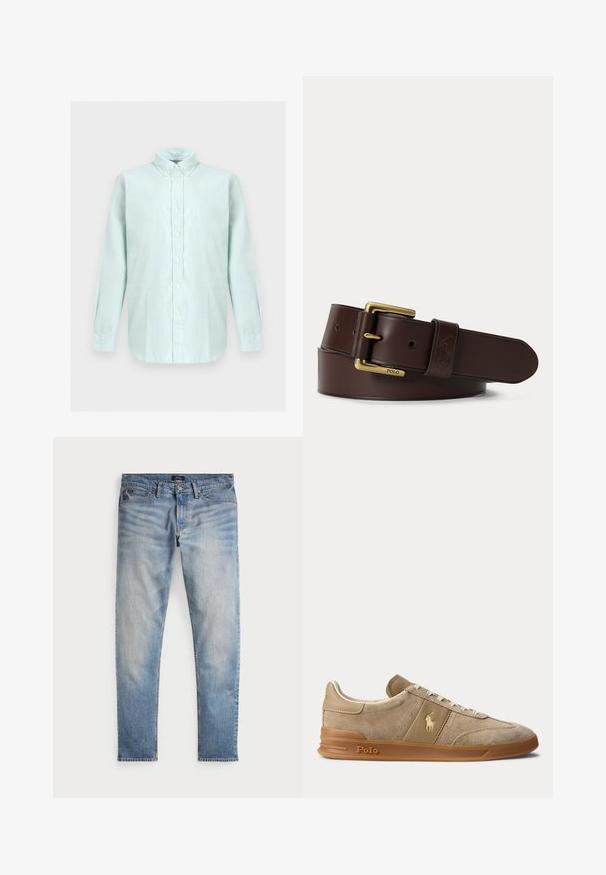 Camisa de manga larga azul claro con botones, cuello abotonado, botones blancos y dobladillo curvado sobre fondo neutro.; Jeans de mezclilla azul claro con un acabado desteñido, diseño de cinco bolsillos y costuras en contraste. Incluyen un cierre de cremallera y trabillas para cinturón. Corte recto.; Zapatilla beige de ante y cuero con suela de goma, cordones blancos y logo Polo en el lateral y la suela.; Cinturón de piel marrón con hebilla de latón grabada con el logotipo de Polo, colocado plano sobre un fondo claro.