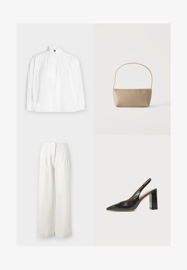 Blouse blanche à manches longues avec col montant, patte de boutonnage, et détails de plis piqués verticaux et dentelle sur le devant.; Pantalon large beige clair en tissu texturé, avec plis à l'avant et taille haute. Surface lisse avec peu de détails.; Chaussure slingback en cuir noir à bout pointu avec un talon bloc haut et une doublure intérieure beige sur un fond clair uni.; Sac à main tissé beige avec fine bandoulière et petit logo doré "BOSS" à l'avant, présenté sur fond blanc uni.
