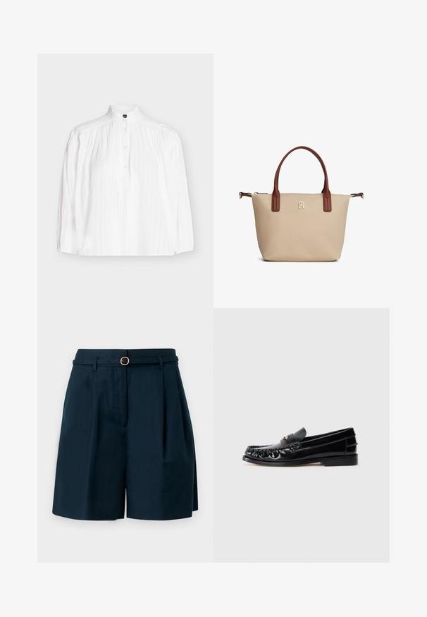 Blusa blanca de manga larga con cuello alto, tapeta de botones y detalles verticales de pliegues y encaje en la parte delantera.; Pantalones cortos azul marino de cintura alta con pliegues frontales y un cinturón delgado a juego con una pequeña hebilla redonda dorada.; Mocasines de cuero negro con puntera redondeada, costuras decorativas y un pequeño acento dorado en el empeine. Suela plana de goma, diseño elegante.; Bolso tote beige con asas marrones, pequeño logo dorado centrado debajo de las asas y cierre de cremallera en la parte superior.