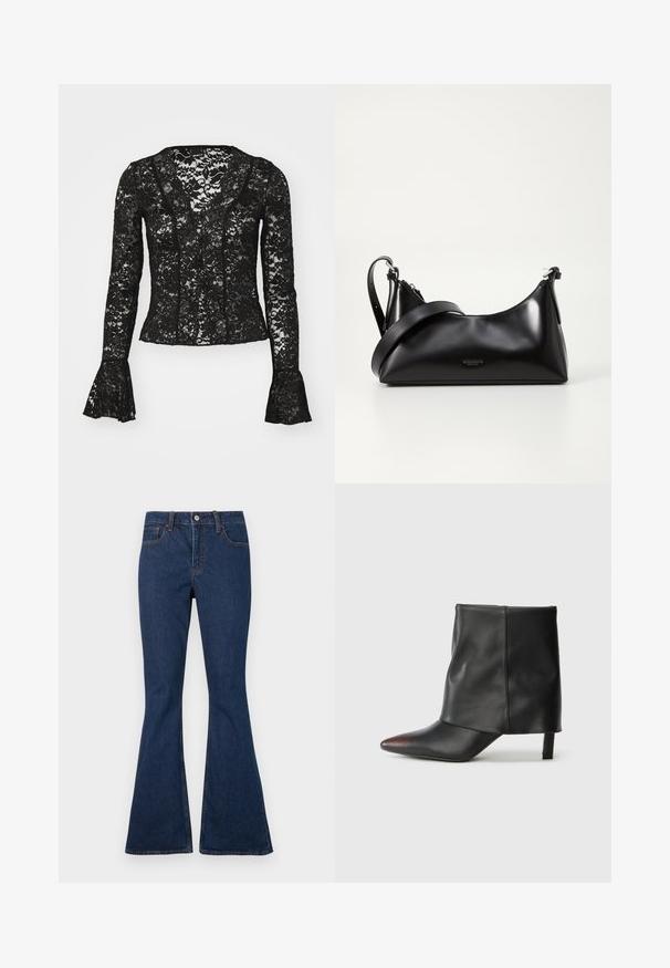 Sort blonde top med V-udskæring, lange ærmer med flared manchetter og et blomsterdesign i hele. Elegant og gennemsigtig.; Mørkeblå denimjeans med en tætsiddende talje og udvidede ben, der har forlommer og synlige kontrastsyninger.; Sort ankelstøvle lavet af glat læder med spids tå og tilspidset hæl. Overdelen har et let rynket design.; Sort læderhåndtaske med en glat tekstur. Har en justerbar stropp og et enkelt, minimalistisk design med lynlås.