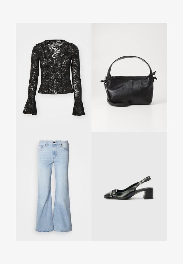 Sort blonde top med V-udskæring, lange ærmer med flared manchetter og et blomsterdesign i hele. Elegant og gennemsigtig.; Lyseblå vidde jeans med højtaljet design, lavet af denimstof, fem lommer og knaplukning. Benene er vide og har en let falmet finish.; Sorte læder slingback hæl med spids tå, tekstureret rem med cirkulære metalliske accenter, og en stablet blokhæl.; Sort læderhåndtaske med et struktureret design, rund tophåndtag og aftagelig skulderrem. Den har en glat tekstur og en subtil glans.