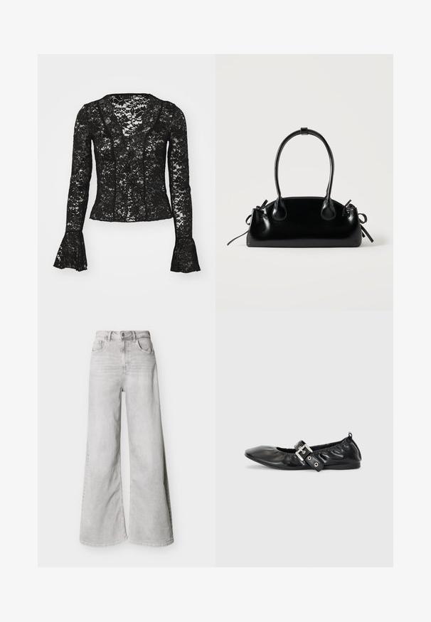 Sort blonde top med V-udskæring, lange ærmer med flared manchetter og et blomsterdesign i hele. Elegant og gennemsigtig.; Lysegrå jeans med vid ben lavet af denim, med høj talje, forlommer og knaplukning. Glat tekstur med et diskret falmet look.; Sorte læder flade sko med spids tå, samling detaljer omkring åbningen, og en sølv spænde accent på den justerbare rem.; Lille sort blank håndtaske med to lange håndtag og snøre-detaljer i siden på en ensfarvet lys baggrund.