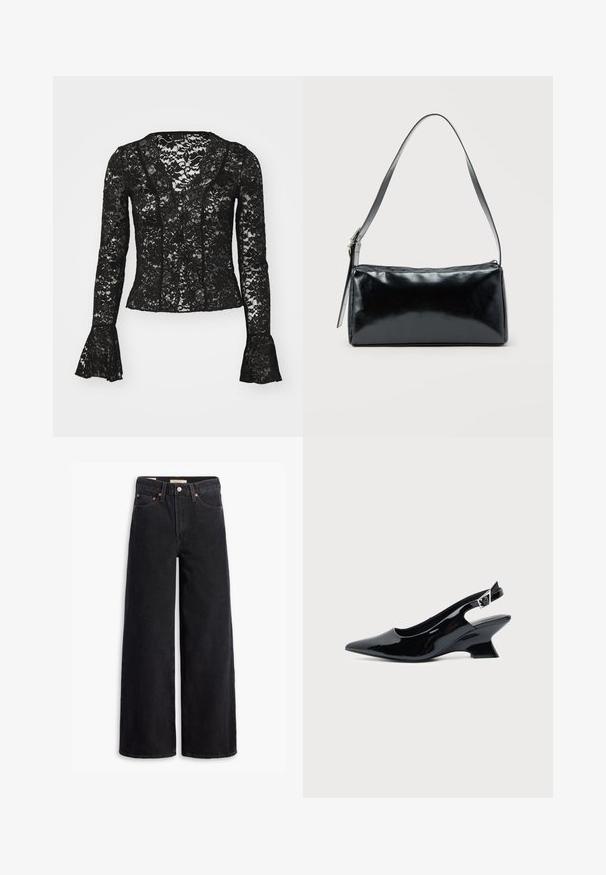 Sort blonde top med V-udskæring, lange ærmer med flared manchetter og et blomsterdesign i hele. Elegant og gennemsigtig.; Sorte brede benjeans lavet af denim, med fem lommer, kobbernitter og en klassisk knaplukning. Glat tekstur med et rent design.; Sort laklæder slingback sko med spids tå og lav vinklet blokhæl på ensartet lys baggrund.; Sort rektangulær skuldertaske med en enkelt justerbar rem og lynlås i toppen på en ensfarvet baggrund.