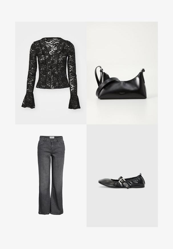 Sort blonde top med V-udskæring, lange ærmer med flared manchetter og et blomsterdesign i hele. Elegant og gennemsigtig.; Bredde ben jeans i mørkegrå denim. Har høj talje, traditionelt fem-lomme design og en ren kanten uden udsmykning.; Sorte læder flade sko med spids tå, samling detaljer omkring åbningen, og en sølv spænde accent på den justerbare rem.; Sort læderhåndtaske med en glat tekstur. Har en justerbar stropp og et enkelt, minimalistisk design med lynlås.