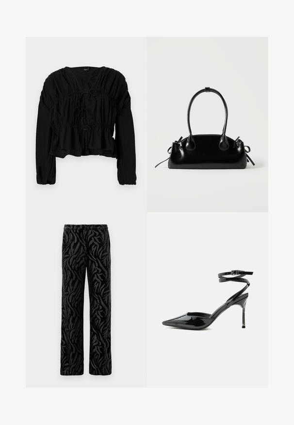 Blusa negra de manga larga con cintura fruncida y detalle de lazo en el frente. Cuenta con un escote en V y un corte holgado con una tela texturizada.; Pantalones negros con un patrón texturizado y en espiral. Fabricados con un material suave, tienen un corte de pierna recta y una cinturilla elástica para mayor comodidad.; Tacón stiletto de charol negro con punta puntiaguda, tiras finas en el tobillo y cierre pequeño de hebilla.; Pequeño bolso negro brillante con dos asas largas y detalles de cordón lateral sobre un fondo claro liso.