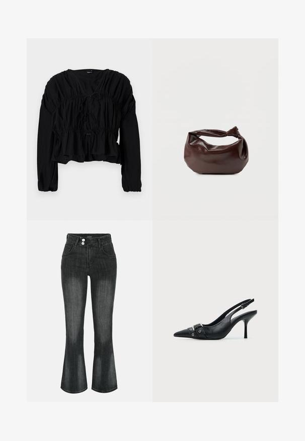 Blusa negra de manga larga con cintura fruncida y detalle de lazo en el frente. Cuenta con un escote en V y un corte holgado con una tela texturizada.; Vaqueros negros de denim lavado con cintura alta, cierre de doble botón, bolsillos delanteros y piernas ligeramente acampanadas.; Zapato de tacón alto tipo slingback de piel negra con puntera puntiaguda, con hebilla y detalle de tira con ojetes en la parte delantera.; Bolso de hombro de cuero marrón oscuro con una forma suave y caída, y un asa con nudo torcido sobre un fondo blanco liso.