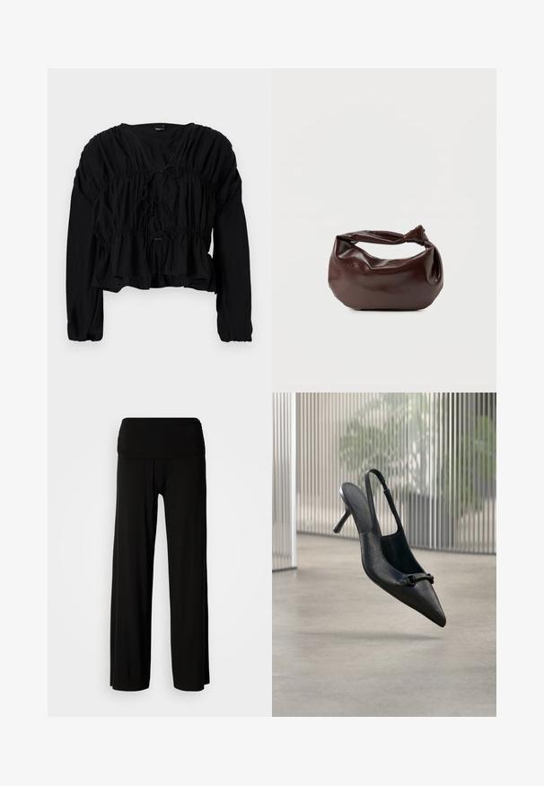 Blouse noire à manches longues avec taille froncée et détail de lien à l'avant. Présente un décolleté en V et une coupe lâche avec un tissu texturé.; Pantalon noir à jambes larges avec une taille élastique froncée. Confectionné en tissu doux, présentant une texture lisse et une coupe longueur totale.; Chaussure à talon haut à bride arrière en cuir noir texturé avec un bout pointu et une petite boucle décorative, flottant au-dessus d'un sol lisse.; Sac bandoulière en cuir marron foncé avec une forme souple et décontractée et une anse nouée torsadée sur un fond blanc uni.
