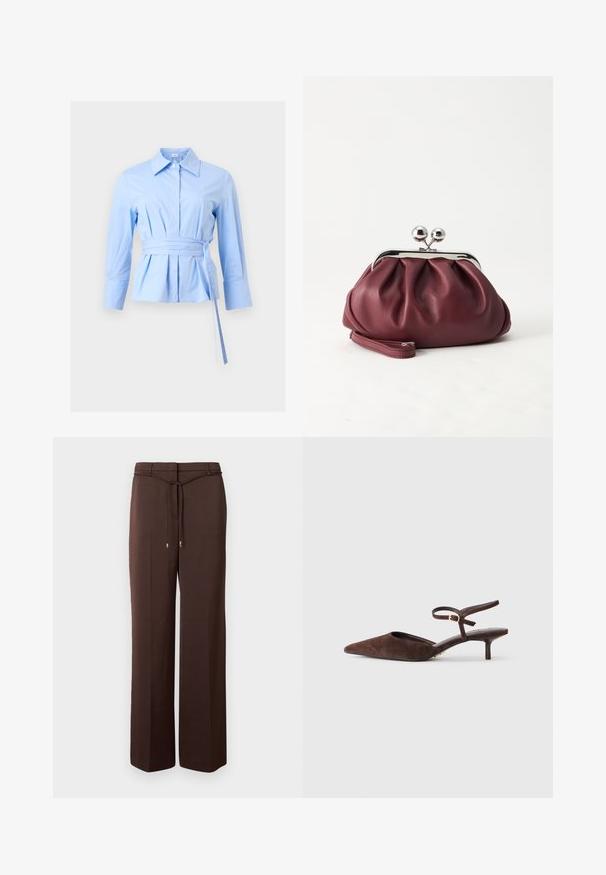 Blouse à manches longues bleu clair avec large col, fermeture à boutons, taille plissée et ceinture en tissu assorti nouée du côté droit.; Pantalon marron à jambes larges avec une ceinture fine en tissu nouée à la taille et des extrémités métalliques, présenté sur un fond blanc uni.; Chaussure en suède marron à bout pointu avec un talon bas et une sangle à la cheville ajustable dotée d'un détail de boucle en métal doré. Texture lisse, design minimaliste.; Petit sac pochette en cuir bordeaux avec fermoir métallique argenté et bracelet sur fond blanc.