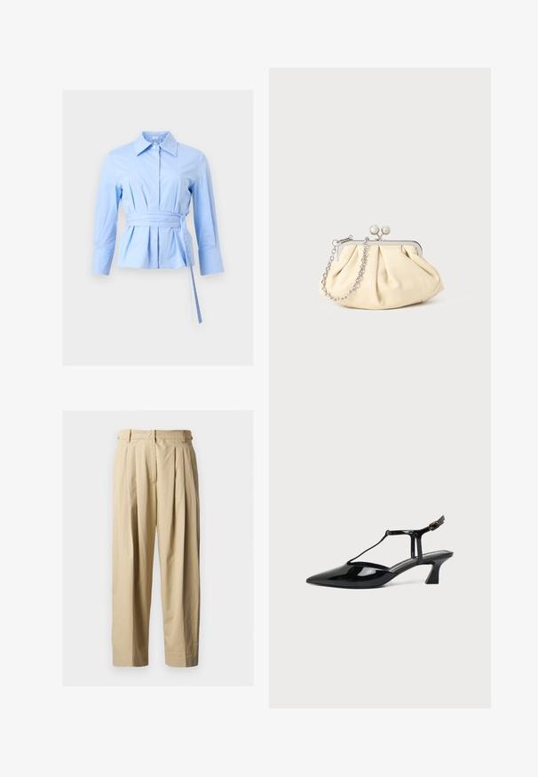 Blouse à manches longues bleu clair avec large col, fermeture à boutons, taille plissée et ceinture en tissu assorti nouée du côté droit.; Pantalon beige à taille haute plissé avec passants pour ceinture, fermeture éclair à l'avant et jambes larges et droites sur un fond uni.; Chaussure slingback en cuir verni noir à bout pointu avec bride en T et petit talon bloc incliné sur fond blanc.; Pochette en cuir beige plissé avec un cadre en métal argenté, dotée de deux fermoirs ronds décoratifs et d'une chaîne en argent.