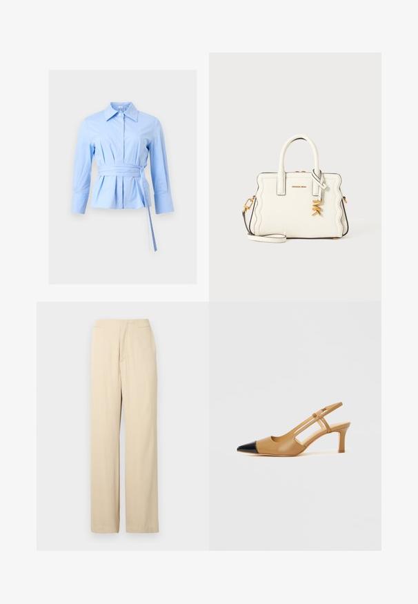 Blouse à manches longues bleu clair avec large col, fermeture à boutons, taille plissée et ceinture en tissu assorti nouée du côté droit.; Pantalon beige à jambes larges en tissu doux, présentant une coupe droite, une texture lisse et une ceinture classique avec un pli frontal détaillé.; Escarpins slingback couleur fauve avec embout pointu noir, côtés découpés et talon bloc de hauteur moyenne. Matière en cuir lisse.; Sac à main structuré blanc avec bords latéraux ondulés, accessoires dorés, poignées supérieures, bandoulière et breloques MK suspendues à une poignée.