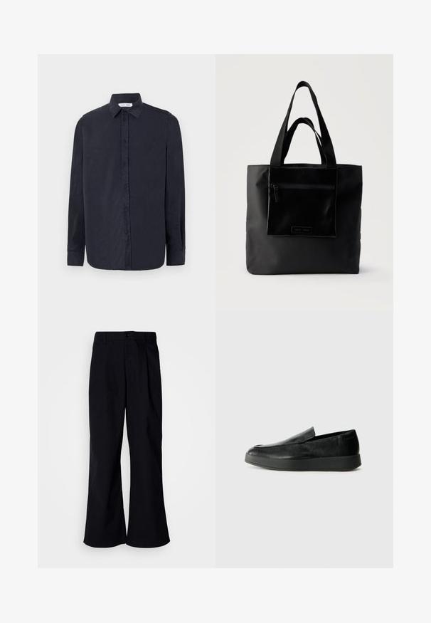 Samsøe Samsøe RYAN SHIRT - Hemd - salute; Schwarze, weit geschnittene Baumwollhosen mit einem vorderen Faltenwurf, Knopfverschluss und Gürtelschlaufen, glatte Textur und keine sichtbaren Muster.; Calvin Klein HYBRID CUP - Slipper - triple black; Schwarze Tragetasche mit vorderer Reißverschlusstasche und zwei Griffen, vor einfachem hellem Hintergrund.