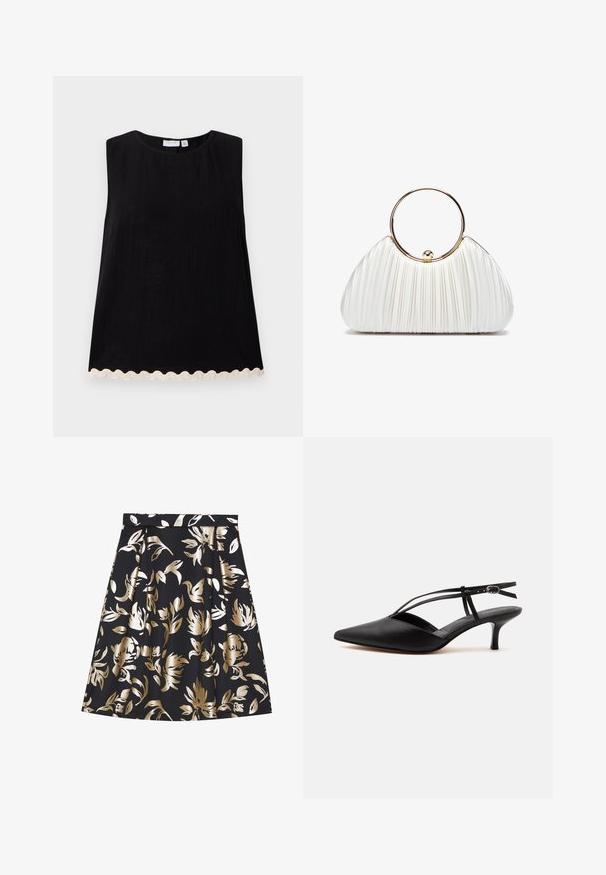 Schwarzes ärmelloses Top mit runder Ausschnitt und strukturiertem Stoff. Der Saum hat eine gewellte, hellfarbige Borte. Gerader Schnitt.; Anna Field by Zalando A-Linien-Rock - black; Schwarzer Leder-Kitten-Heel mit spitzer Schuhspitze, dünnem Knöchelriemen und Schnalle, Slingback-Design, auf hellem einfarbigem Hintergrund.; Weiße plissierte Handtasche mit einem runden goldenen Griff, aus weichem Stoff und in runder Form. Elegantes Design mit einer strukturierten Oberfläche.